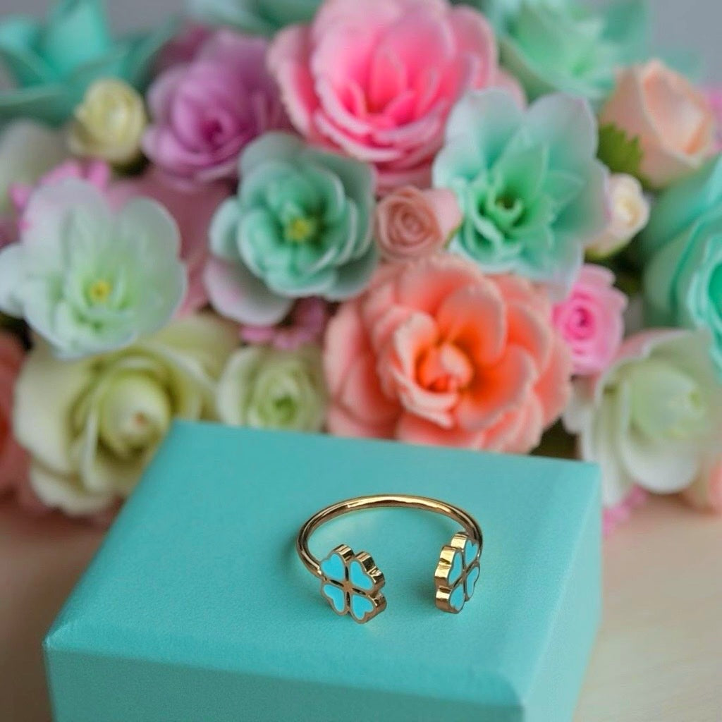 Bague "Trèfle" dorée turquoise