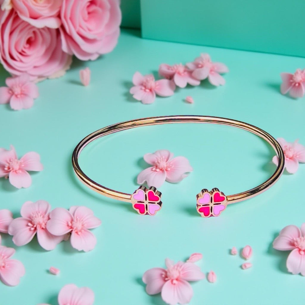 Bracelet "Trèfle à 4 coeurs" émaillé doré rose