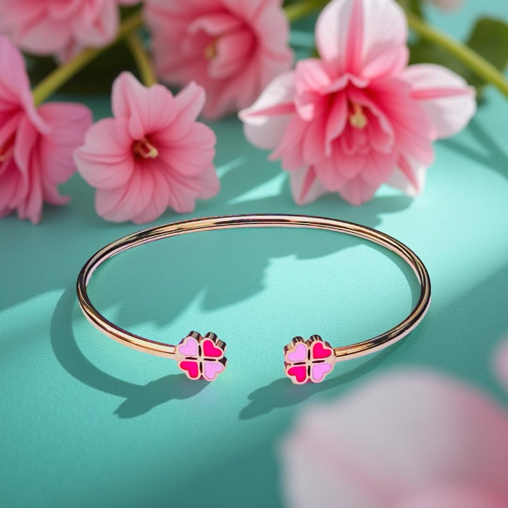 Bracelet "Trèfle à 4 coeurs" émaillé doré rose