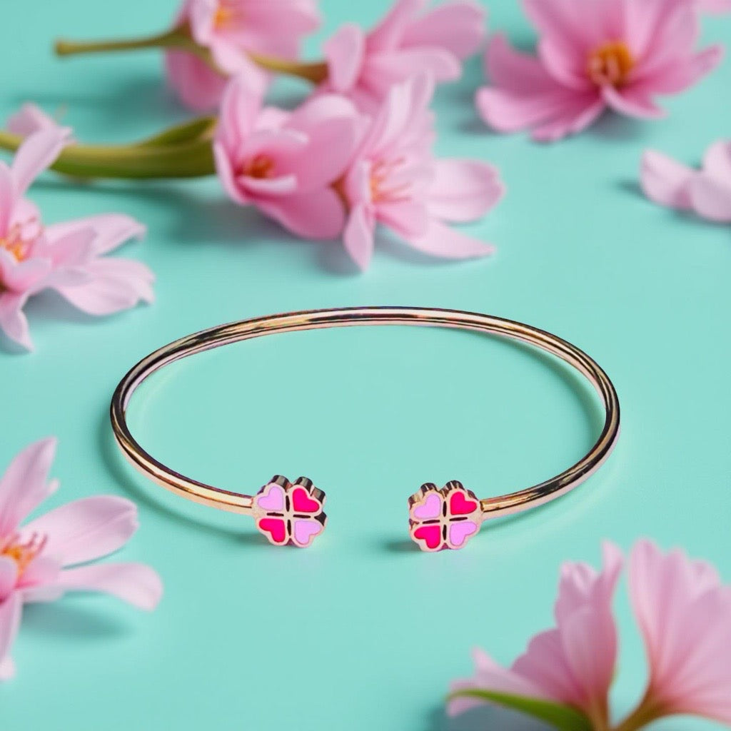 Bracelet "Trèfle à 4 coeurs" émaillé doré rose