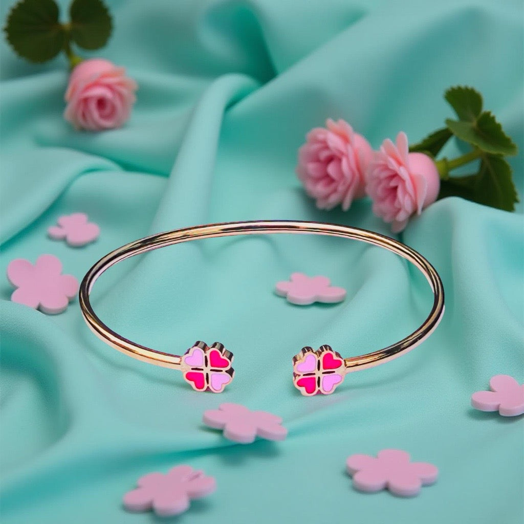 Bracelet "Trèfle à 4 coeurs" émaillé doré rose