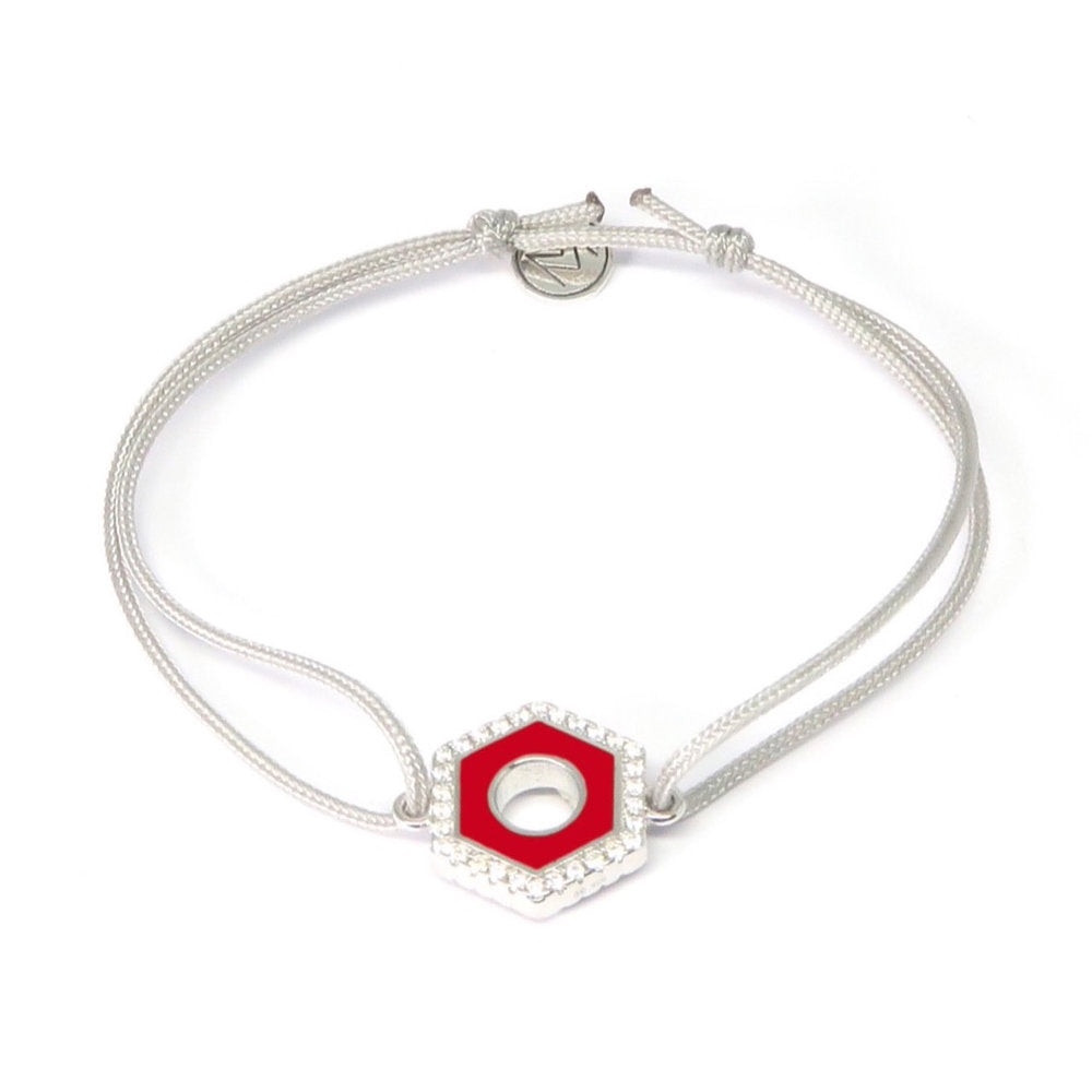 MORA bijoux, bracelet formé d'un écrou émaillé rouge reversible d'une couleur au choix et serti de diams, argent 925 monté sur un cordon ajustable