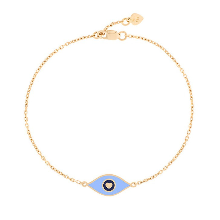 MORA bijoux, bracelet représentant un oeil émaillé mauve en or jaune 18 carats monté sur une chaîne de 10mm d'épaisseur avec un petit coeur en or jaune 18 carats soudé sur le fermoir