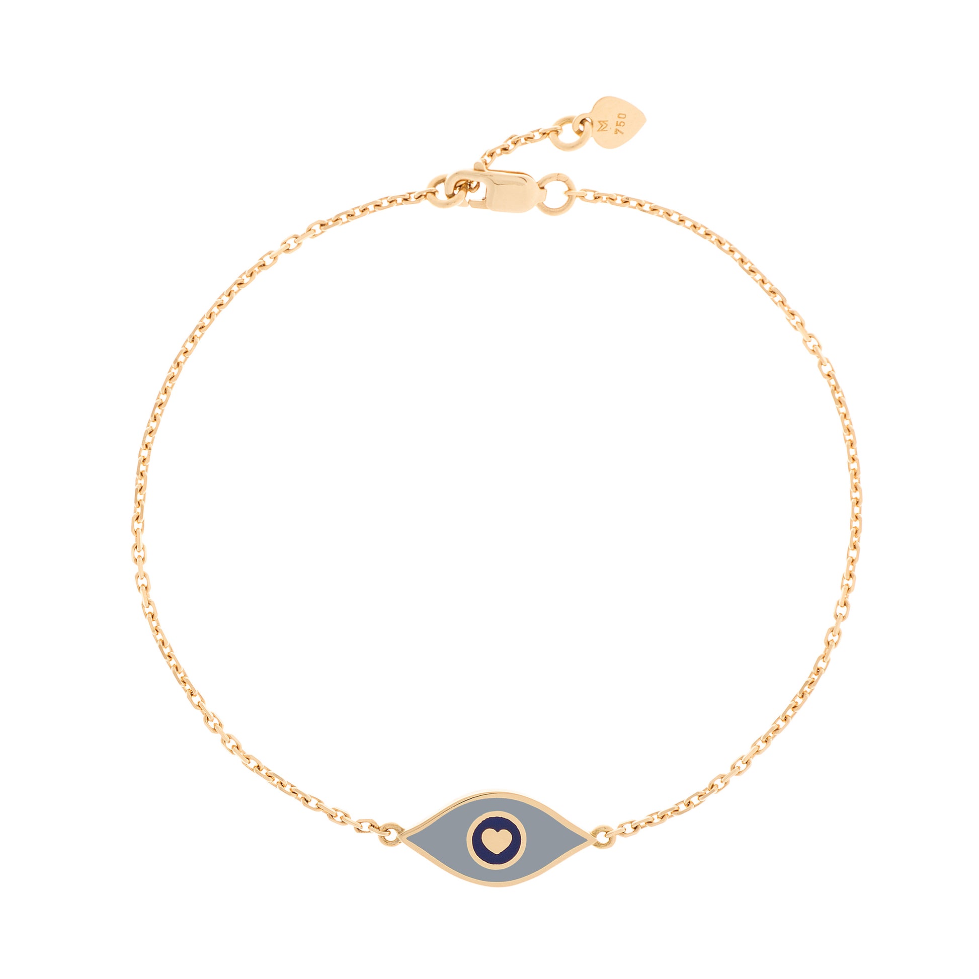 MORA bijoux, bracelet représentant un oeil émaillé gris en or jaune 18 carats monté sur une chaîne de 10mm d'épaisseur avec un petit coeur en or jaune 18 carats soudé sur le fermoir