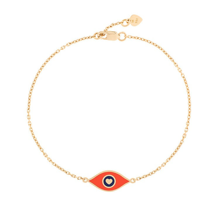 MORA bijoux, bracelet représentant un oeil émaillé orange en or jaune 18 carats monté sur une chaîne de 10mm d'épaisseur avec un petit coeur en or jaune 18 carats soudé sur le fermoir