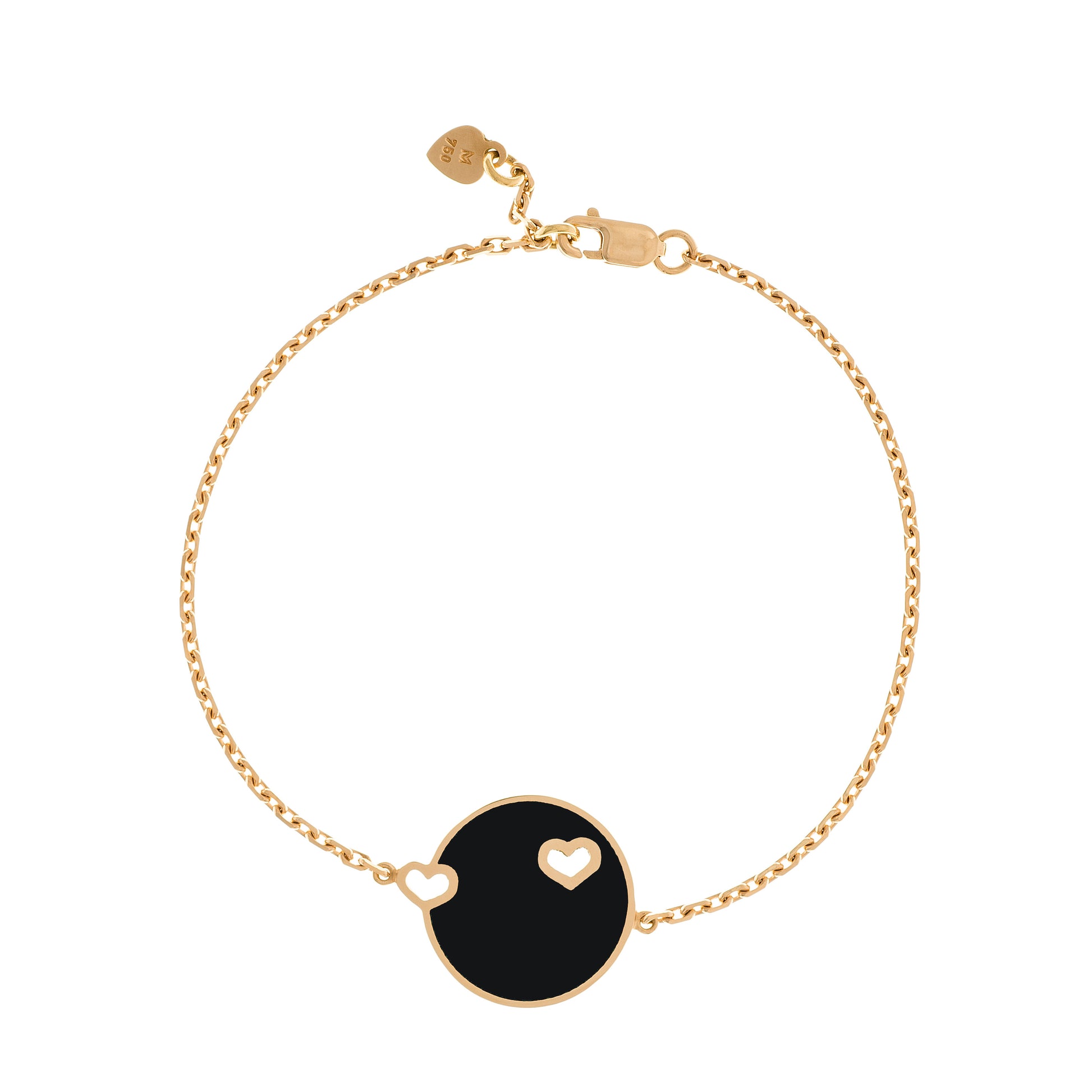 MORA bijoux bracelet Duo Coeur émaillé noir reversible en or jaune 18 carats, diamètre de la pièce 17mm, longueur de la chaîne 16 cm avec petit coeur en or jaune 18 carats soudé sur le fermoir.