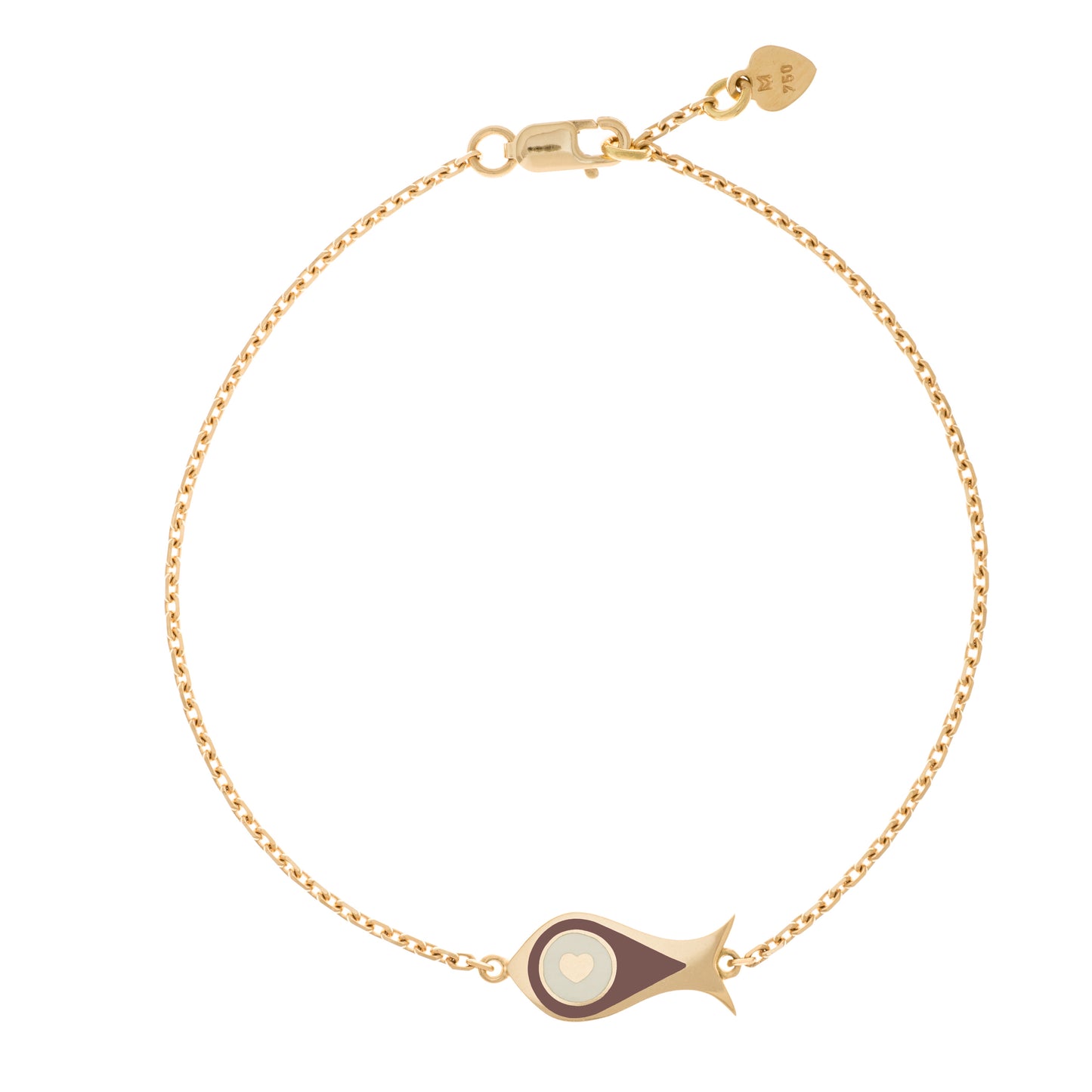 MORA bijoux, bracelet Poisson-coeur lchthys émaillé marron d'un diamètre de 15mm en or jaune 18 carats. Longueur de la chaîne 16cm avec un petit coeur en or jaune 18 carats soudé sur le fermoir.