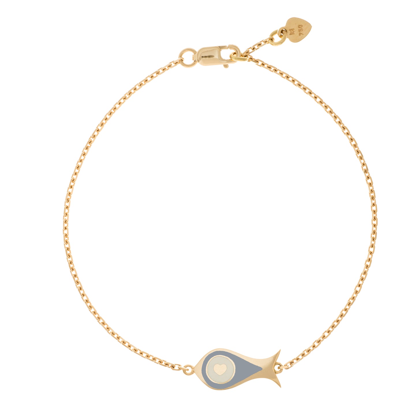 MORA bijoux, bracelet Poisson-coeur lchthys émaillé gris d'un diamètre de 15mm en or jaune 18 carats. Longueur de la chaîne 16cm avec un petit coeur en or jaune 18 carats soudé sur le fermoir.