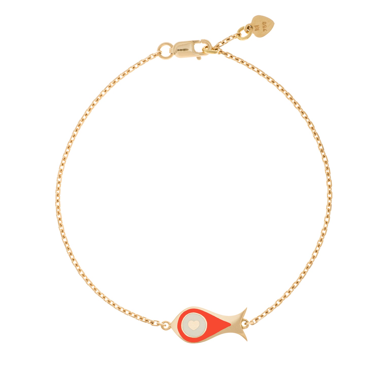 MORA bijoux, bracelet Poisson-coeur lchthys émaillé orange d'un diamètre de 15mm en or jaune 18 carats. Longueur de la chaîne 16cm avec un petit coeur en or jaune 18 carats soudé sur le fermoir.