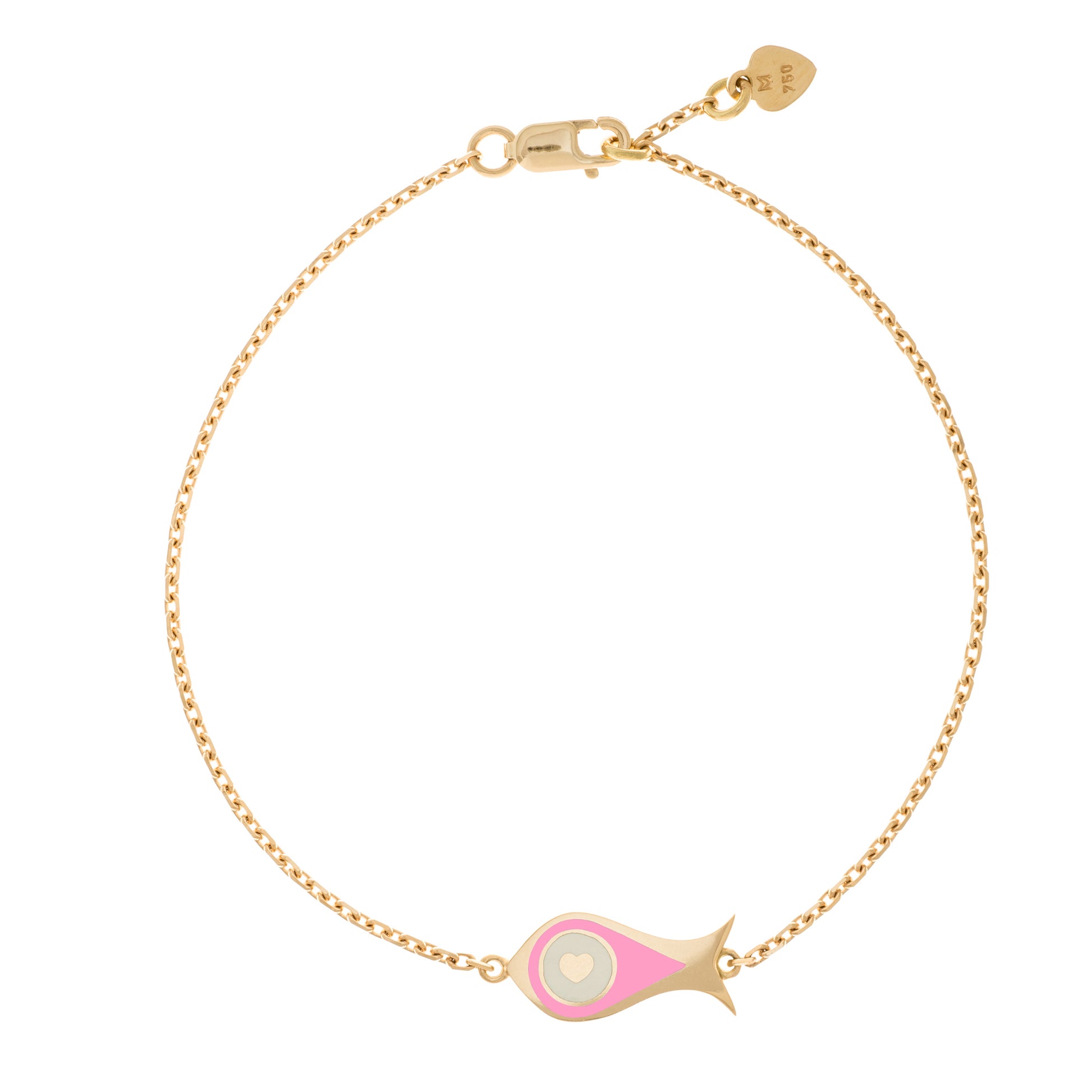 MORA bijoux, bracelet Poisson-coeur lchthys émaillé rose d'un diamètre de 15mm en or jaune 18 carats. Longueur de la chaîne 16cm avec un petit coeur en or jaune 18 carats soudé sur le fermoir. 