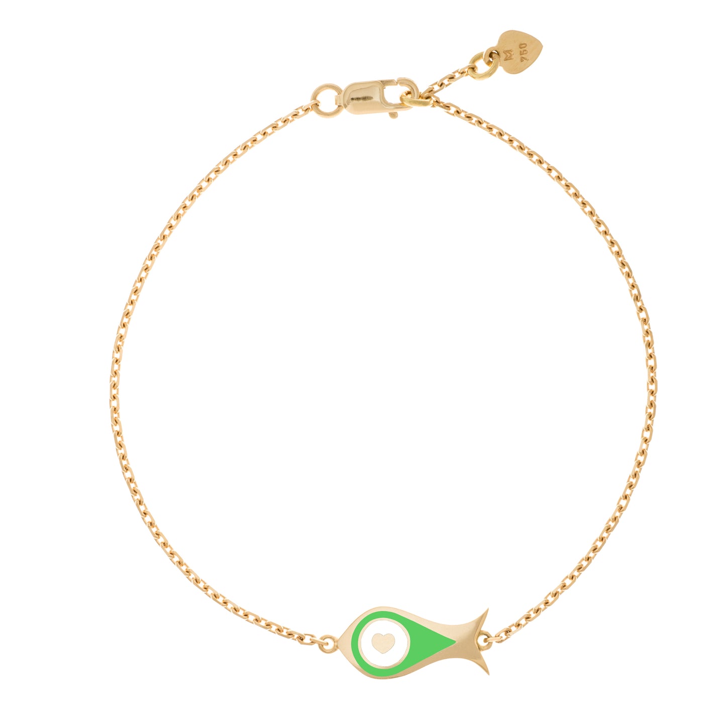MORA bijoux, bracelet Poisson-coeur lchthys émaillé vert d'un diamètre de 15mm en or jaune 18 carats. Longueur de la chaîne 16cm avec un petit coeur en or jaune 18 carats soudé sur le fermoir.