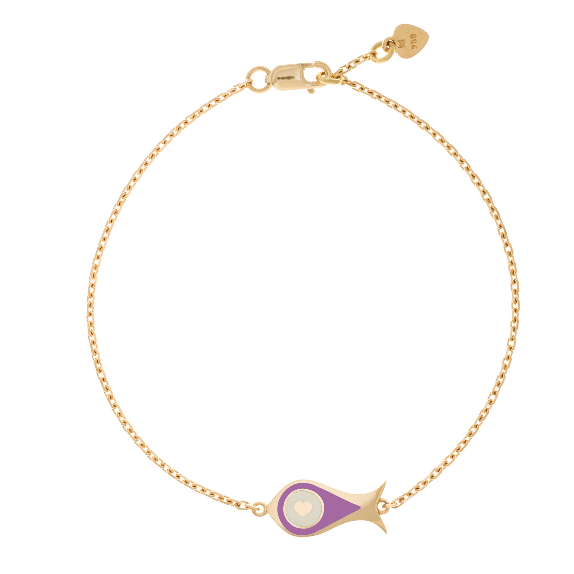 MORA bijoux, bracelet Poisson-coeur lchthys émaillé violet d'un diamètre de 15mm en or jaune 18 carats. Longueur de la chaîne 16cm avec un petit coeur en or jaune 18 carats soudé sur le fermoir.