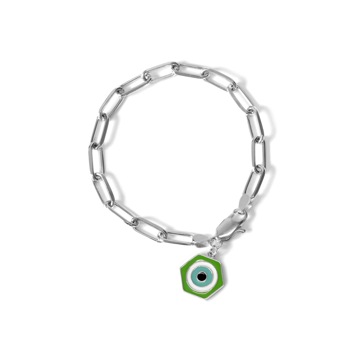 MORA bijoux, bracelet protection symbolisé par un oeil stylisé hexagonal émaillé vert blanc et bleu ciel, monté sur une chaîne en argent 925.