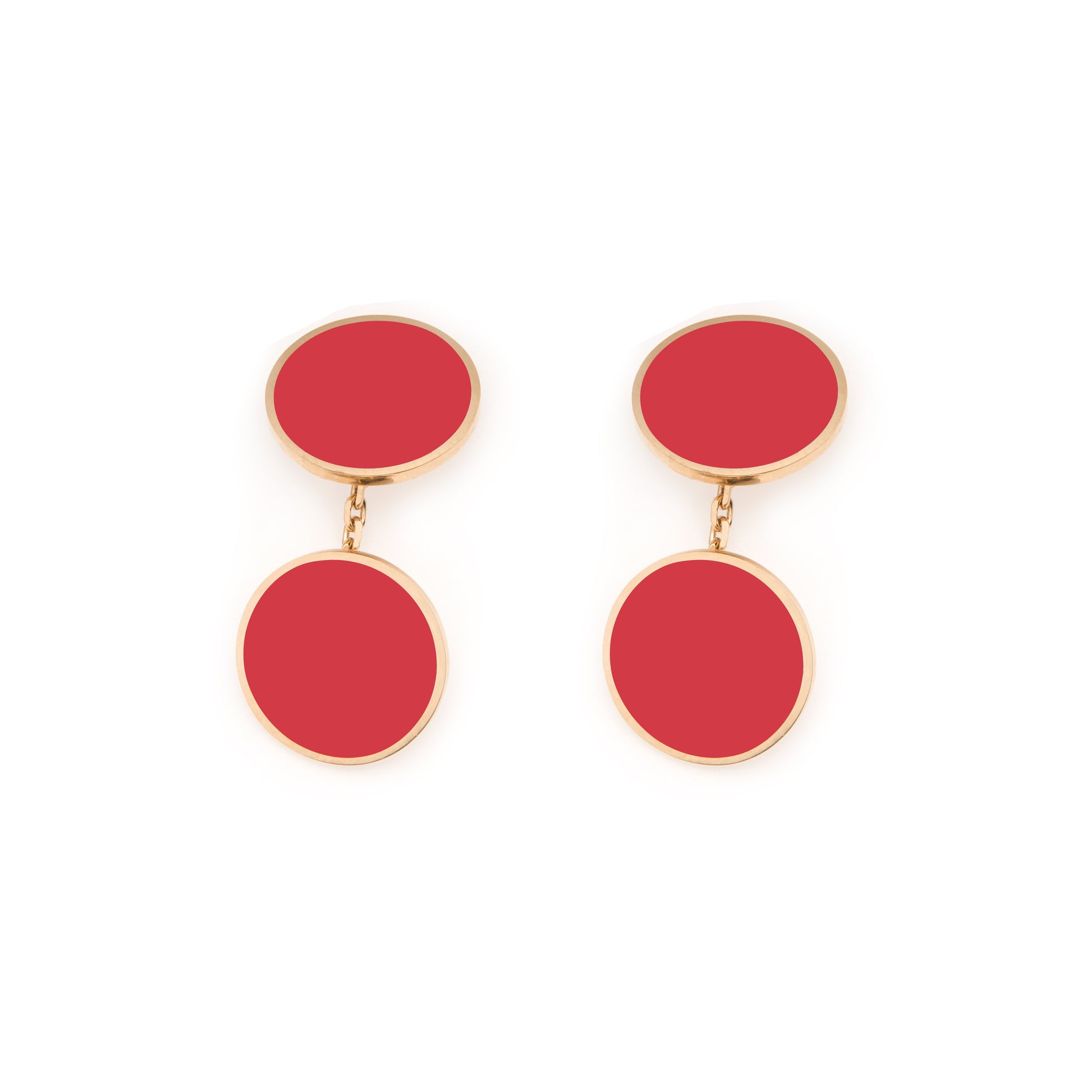 MORA bijoux boutons de manchette ronds en or 18 carats  émaillés rouge, montés sur une chaînette forçat. Disponibles dans d'autres couleurs.