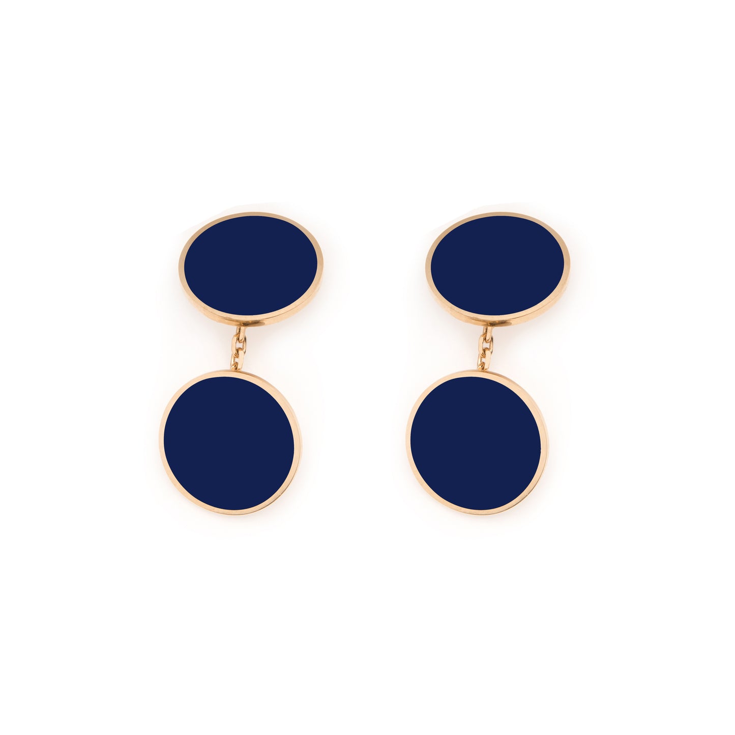 MORA bijoux boutons de manchette ronds en or 18 carats  émaillés bleu marine, montés sur une chaînette forçat. Disponibles dans d'autres couleurs.