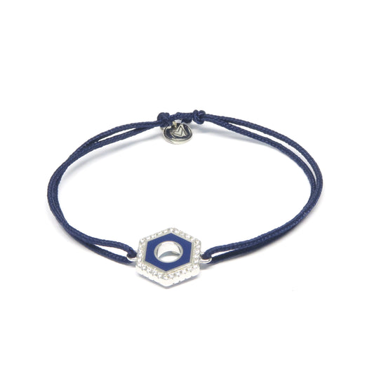  MORA bijoux, bracelet formé d'un écrou émaillé bleu foncé reversible d'une couleur au choix et serti de diams, argent 925 monté sur un cordon bleu ajustable