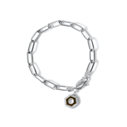 bracelet en argent 925 a un pendentif émaillé en forme d'écrou stylisé serti de diams et réversible