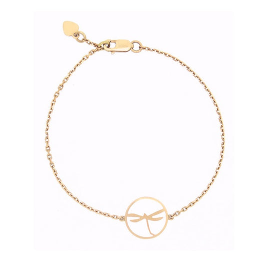 MORA bijoux, bracelet avec médaillon représentant une libellule en or jaune 18 carats dans un médaillon rond émaillé blanc monté sur chaîne forçat.