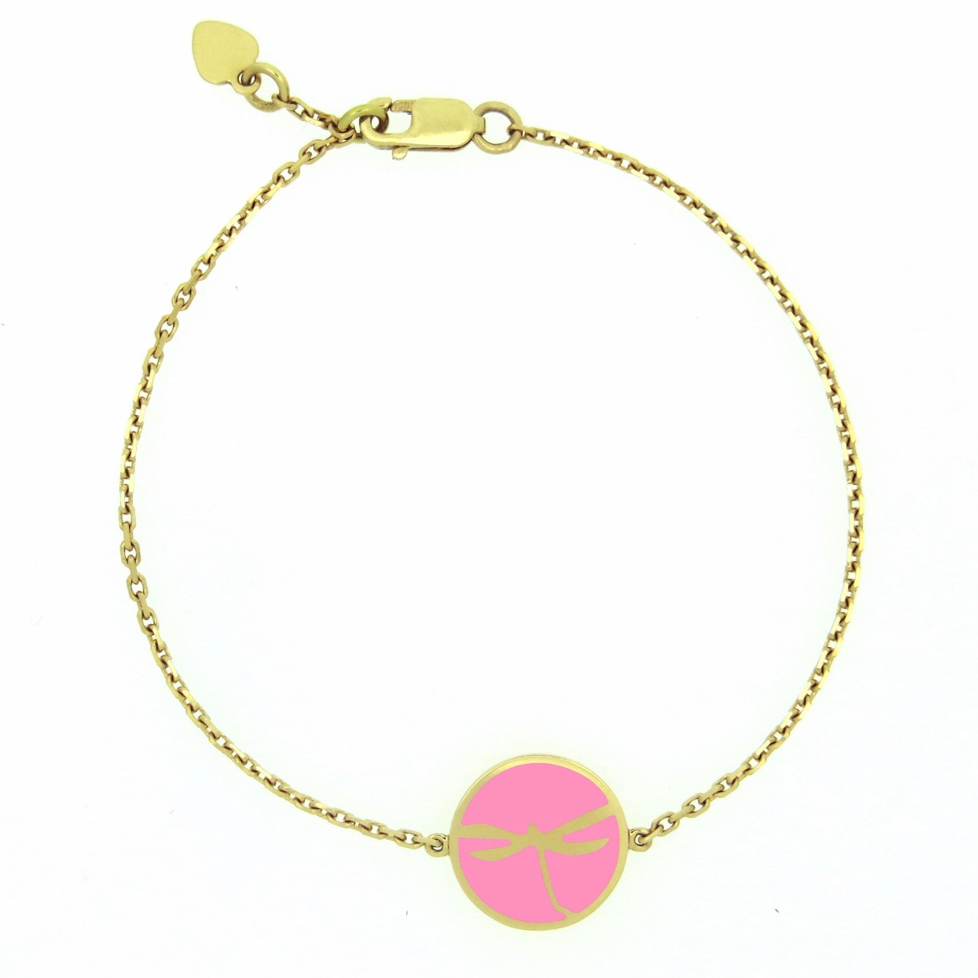  MORA bijoux, bracelet avec médaillon représentant une libellule en or jaune 18 carats dans un médaillon rond émaillé rose monté sur chaîne forçat