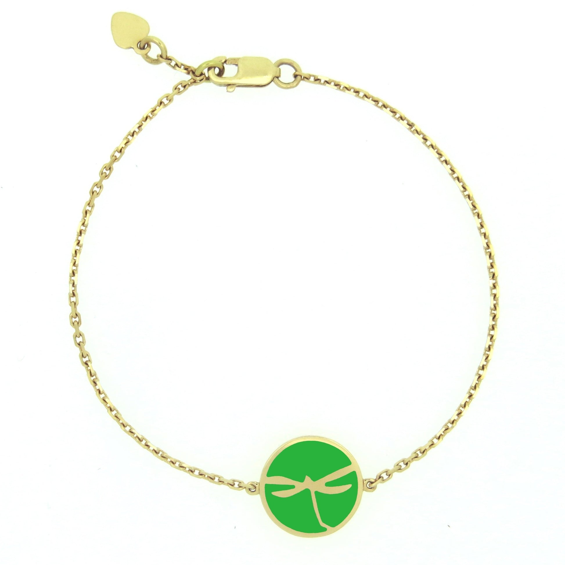 MORA bijoux, bracelet avec médaillon représentant une libellule en or jaune 18 carats dans un médaillon rond émaillé vert monté sur chaîne forçat