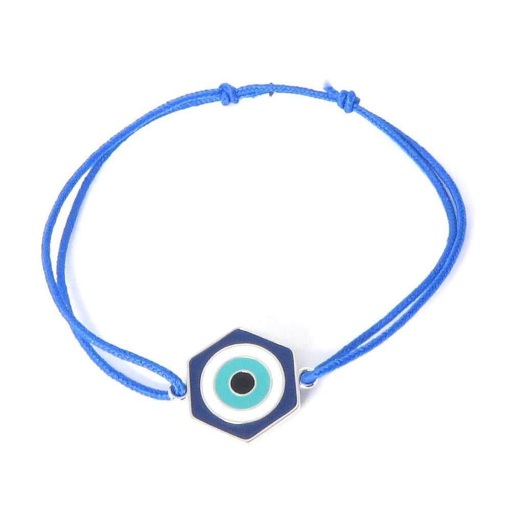 MORA bijoux bracelet Protection, oeil stylisé et émaillé de quatre couleurs bleu, blanc, bleu ciel, noir, bijou réversible en argent 925, monté sur cordon ajustable