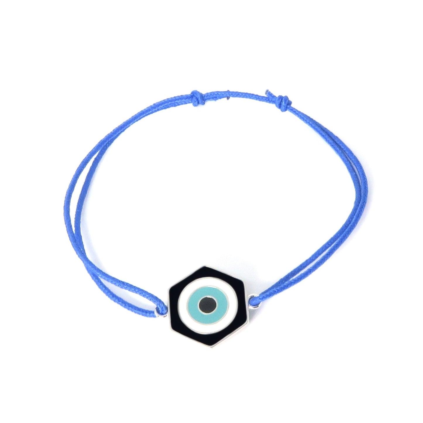 MORA bijoux bracelet Protection, oeil stylisé et émaillé de trois couleurs noir, blanc, bleu ciel, bijou réversible en argent 925, monté sur cordon ajustable