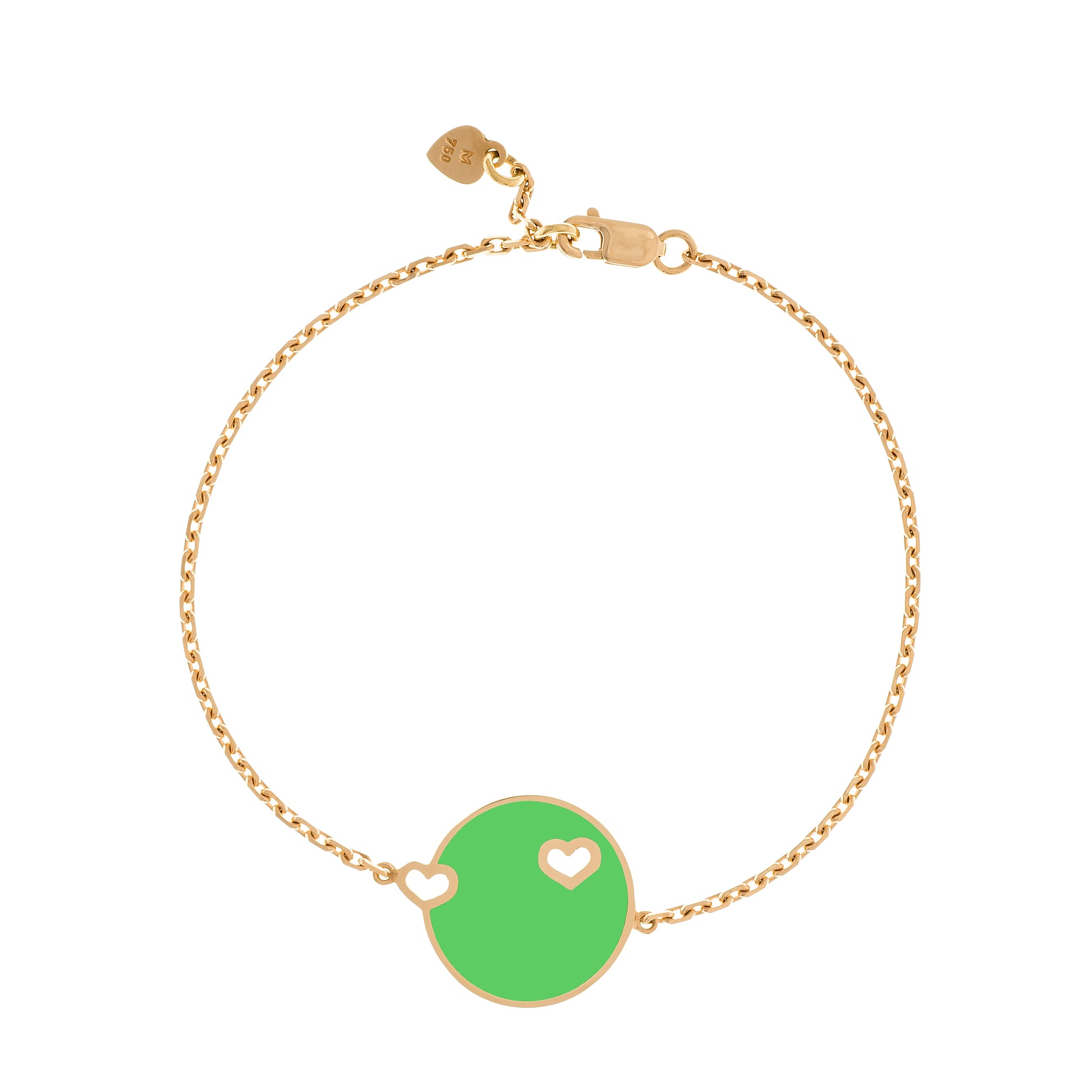 MORA bijoux bracelet Duo Coeur émaillé vert reversible en or jaune 18 carats, diamètre de la pièce 17mm, longueur de la chaîne 16 cm avec petit coeur en or jaune 18 carats soudé sur le fermoir.