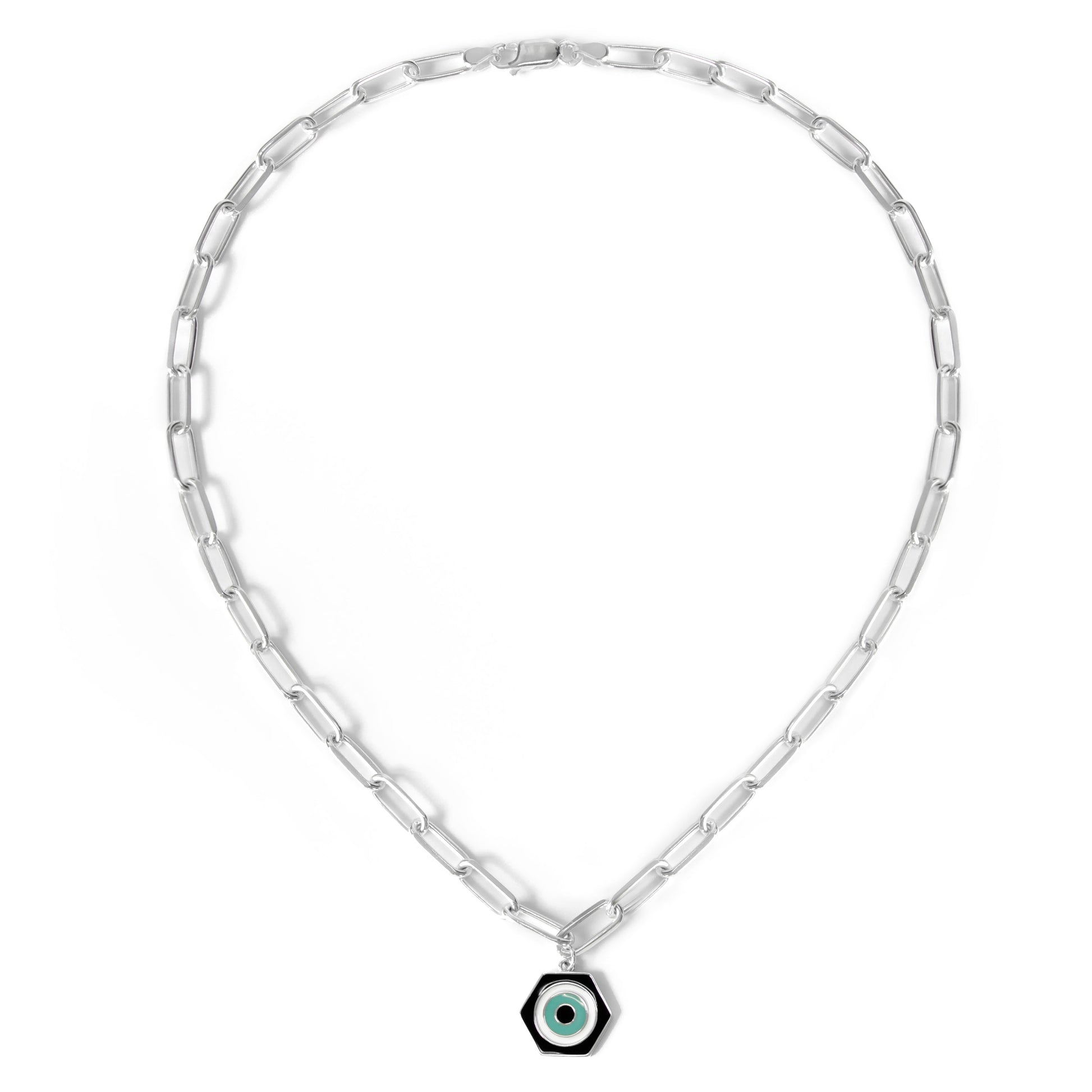 MORA bijoux collier protection symbolisée par un pendentif hexagonal émaillé de trois couleurs noir, blanc et turquoise représentant un oeil stylisé. monté sur une chaine en argent 925.